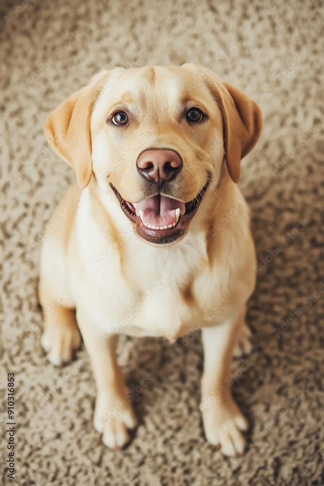 Poster A happy dog is sitting on a carpet with its mouth open. The dog is smiling and he is enjoying itself