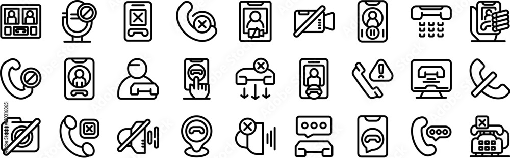 Poster end call icons set. line icons representing different ways people are blocking unwanted calls and me