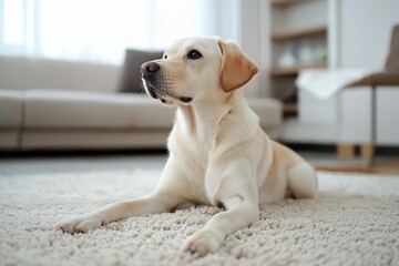 Naklejka na ściany i meble A dog is laying on a carpet in a living room. The dog is looking at the camera