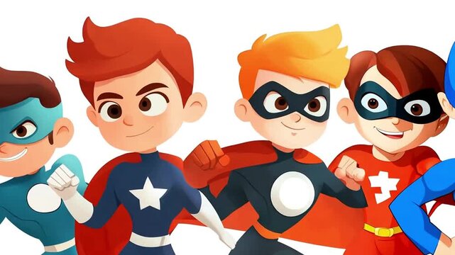 Mighty Mini Heroes Unite: A band of brave, cartoon superheroes stand ready for action, their colorful costumes and determined expressions embodying courage and teamwork. 