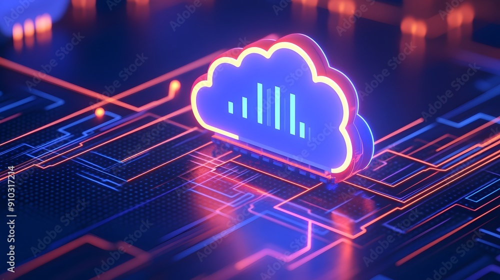 Poster neon cloud computing concept with digital circuits, showcasing modern technology, data storage, and 