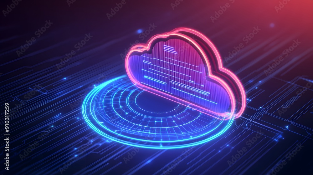 Poster neon cloud computing concept with digital network lines and futuristic interface in vibrant light, r