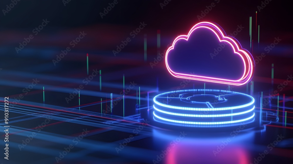 Poster neon cloud computing concept with futuristic design, showcasing digital data storage and technology 