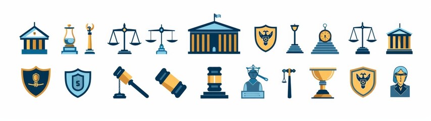  justice elements, including a gavel, a courthouse, balanced scales, and a shield