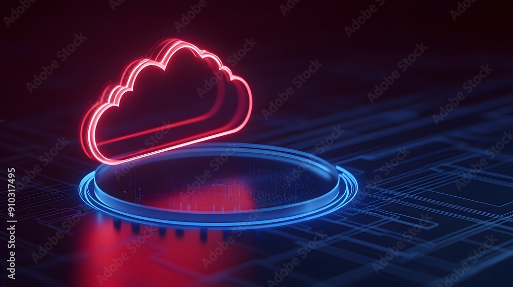 Poster neon cloud computing icon glowing over a futuristic circuit board, highlighting digital technology a