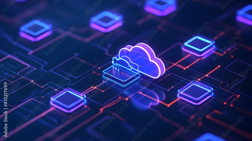 Poster neon cloud computing visualization with interconnected digital nodes on a circuit board, showcasing 