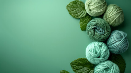 Green yarn balls and leaves on green background