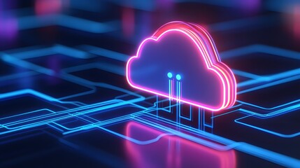 Neon cloud computing symbol on futuristic digital circuit board background, representing data storage, technology, and innovation.