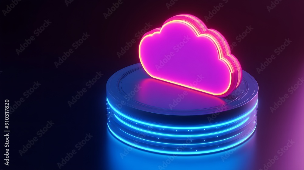 Poster neon cloud icon above a digital platform with glowing blue and pink lights, representing data storag