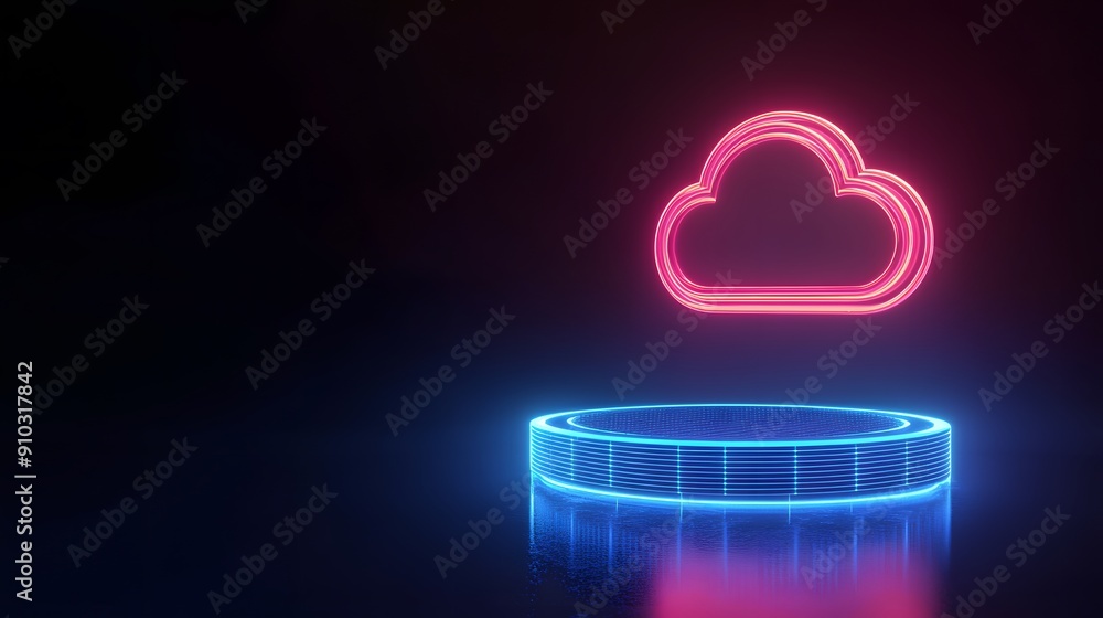 Poster neon cloud icon above a glowing platform in a dark abstract background, symbolizing cloud computing 