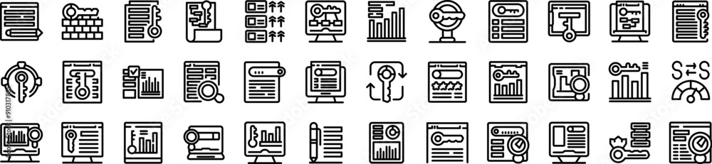 Poster keywords ranking icons set. set of line icons representing different aspects of keyword research and