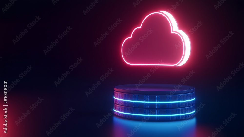 Poster neon cloud icon hovering above a glowing platform in a dark space, representing cloud technology and