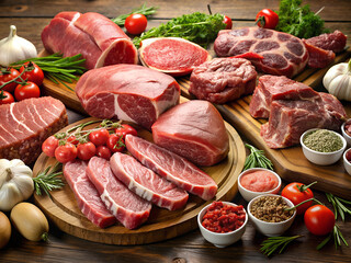 On the table there is a selection of fresh farm meat