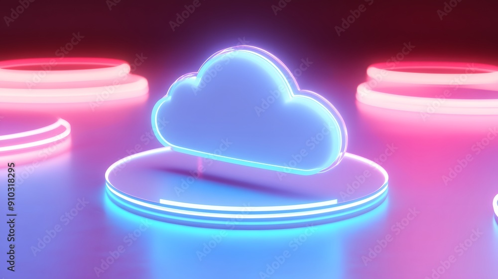 Poster neon cloud icon on a glowing platform with vibrant colors, symbolizing digital cloud computing and m
