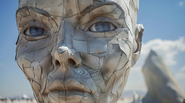 a giant stone face statue in a surreal desert 