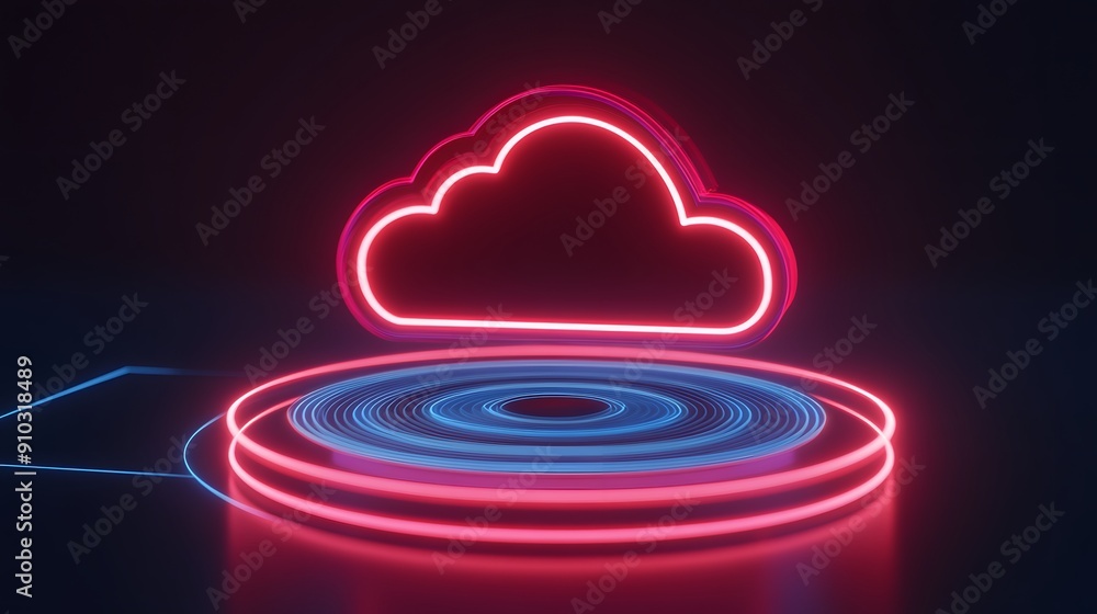 Poster neon cloud icon over a digital platform, representing technology, cloud computing, and data storage 