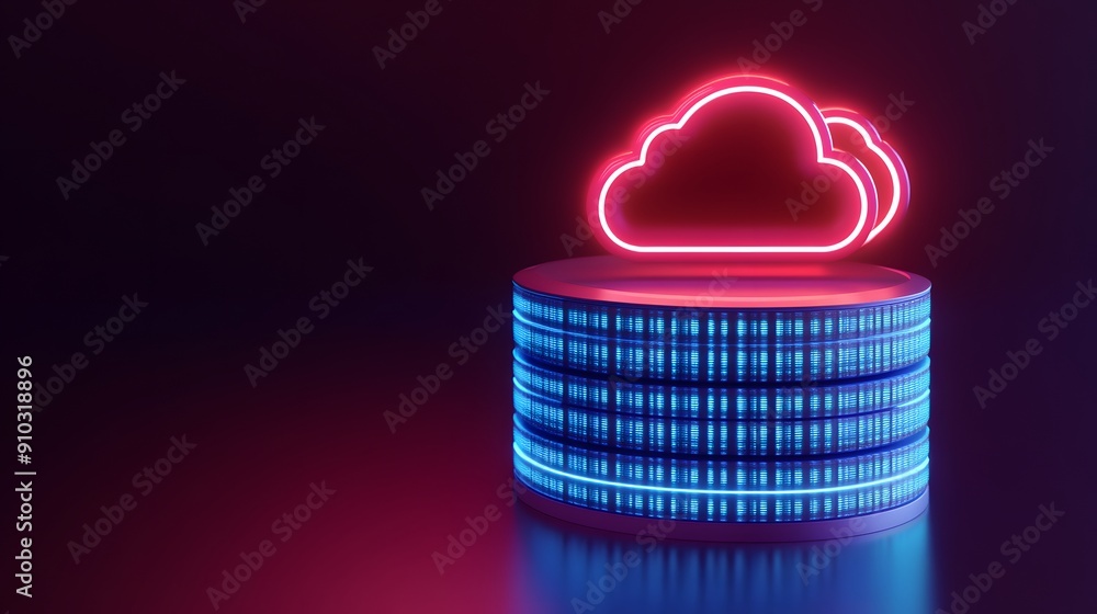 Poster neon cloud over stacked server representing cloud computing and data storage with vibrant colors. pe