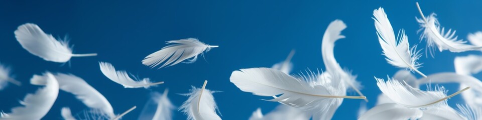 Naklejka premium A flock of white feathers flying in the air. The feathers are scattered all over the sky, creating a sense of freedom and lightness. The blue sky in the background adds to the serene