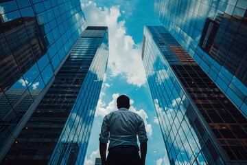 Fototapeta premium Powerful businessman looks up at the sky from between skyscrapers. Business themed concept image.