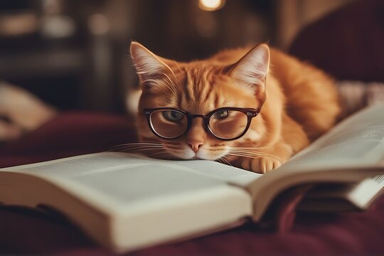 glasses cat book lying red sofa plaid animal cute funny vet pet portrait goggles kitten felino fun look pretty young eyeglass face nerd domestic eyesight grated lens1 optical student studio study