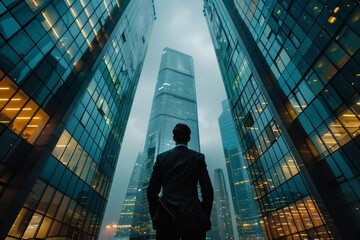 Fototapeta premium Powerful businessman looks up at the sky from between skyscrapers. Business themed concept image.