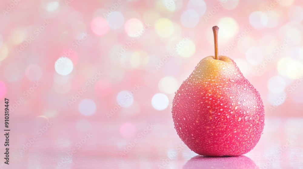 Wall mural Single red pear with water drops on a pink bokeh background.