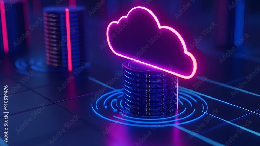 Poster neon cloud symbol over server stacks, illustrating cloud computing and data storage in a futuristic 