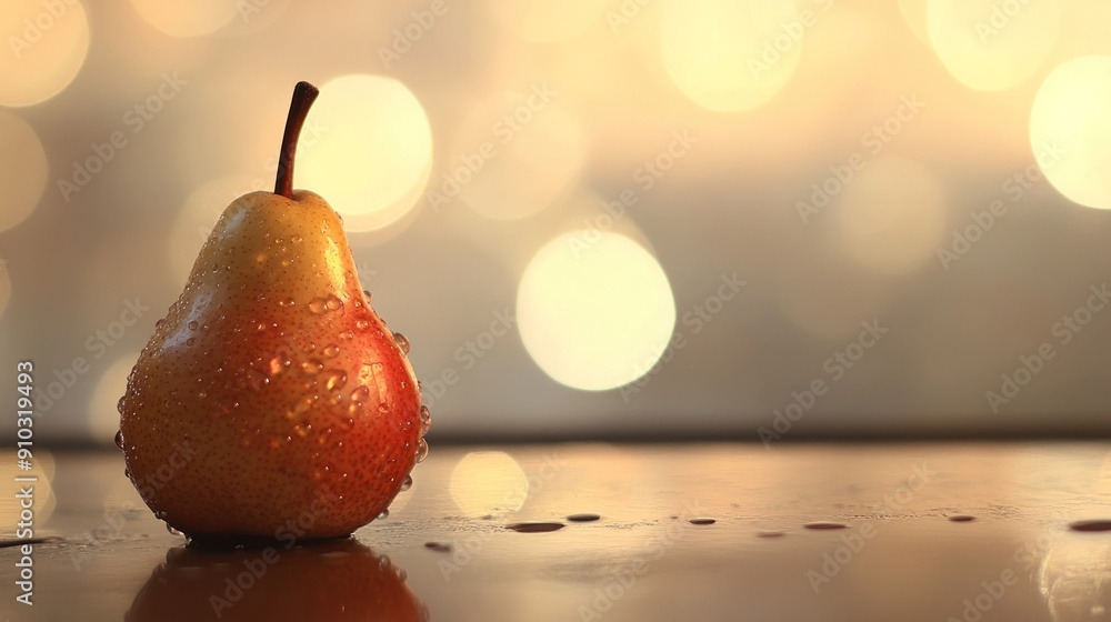 Wall mural A single pear with water droplets sits on a table with a bokeh background.