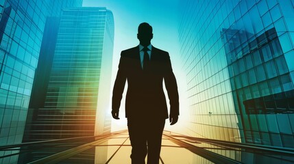 Silhouette of a Businessman Walking in a Modern Cityscape