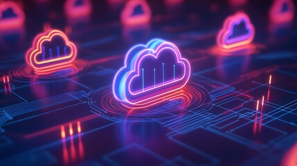 Neon cloud symbolizing digital data storage connected in a futuristic network, showcasing modern technology concepts in vibrant colors.