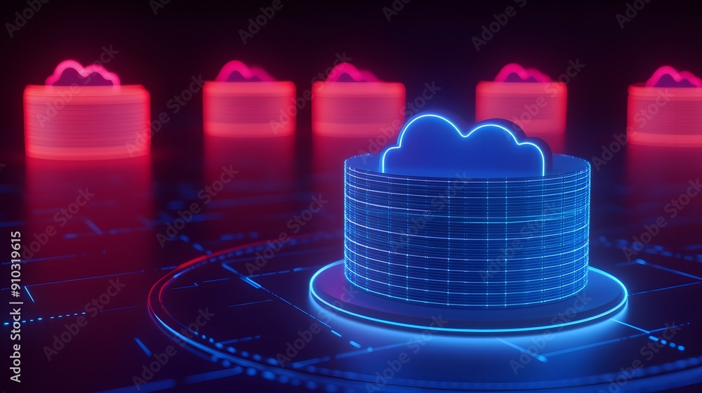 Aufkleber neon futuristic cloud computing visualization with a digital, glowing outline. perfect for technolog