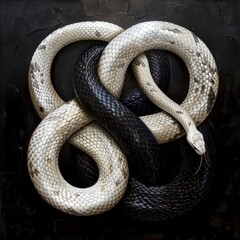Obraz premium Black and White Snakes Intertwined in a Knot, Symbolizing Duality and Harmony. This Conceptual Image is Perfect for Nature, Wildlife, and Fantasy Themes. AI