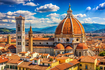 Obraz premium Majestic Florence Cathedral stands tall in the heart of Italy, its terracotta-tiled dome and Gothic architecture set against a bright blue sky, surrounded by historic buildings.