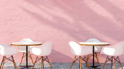 Minimalist pink wall with white chairs and tables, perfect for a summer cafe or restaurant design. 
