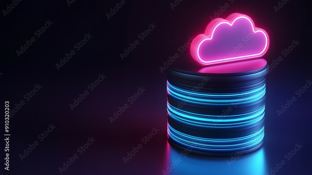 Poster neon glowing cloud icon over server stack. concept of cloud storage, data management, and server tec