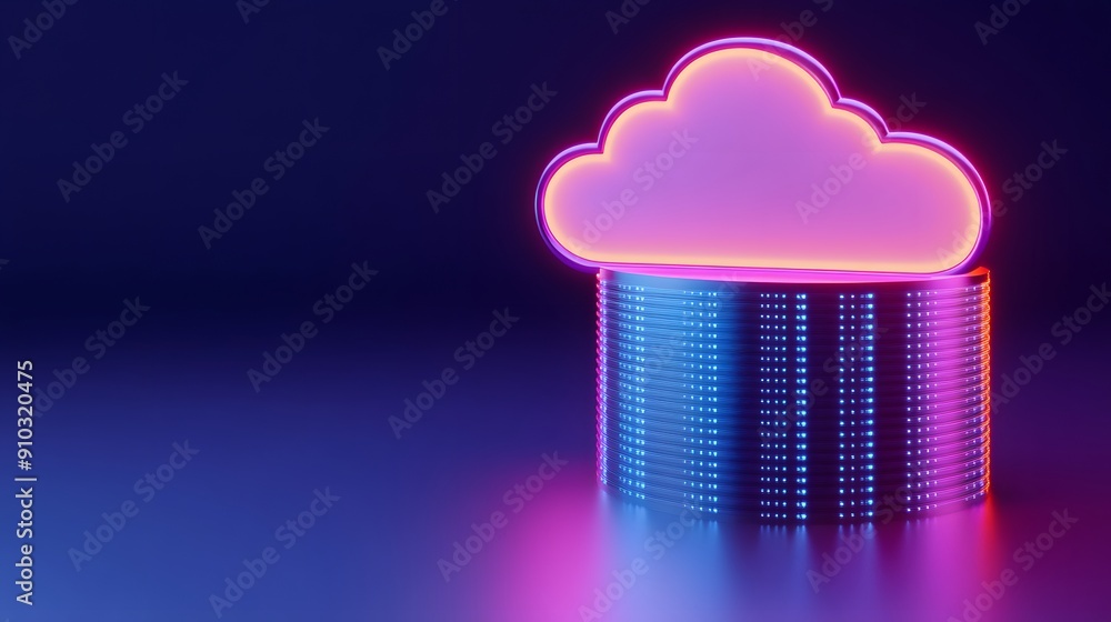 Poster neon glowing cloud symbol resting on a stack of digital data servers, representing cloud computing a