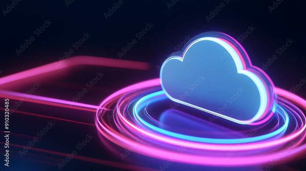 Poster neon glowing cloud symbol on futuristic background, representing cloud computing technology and data
