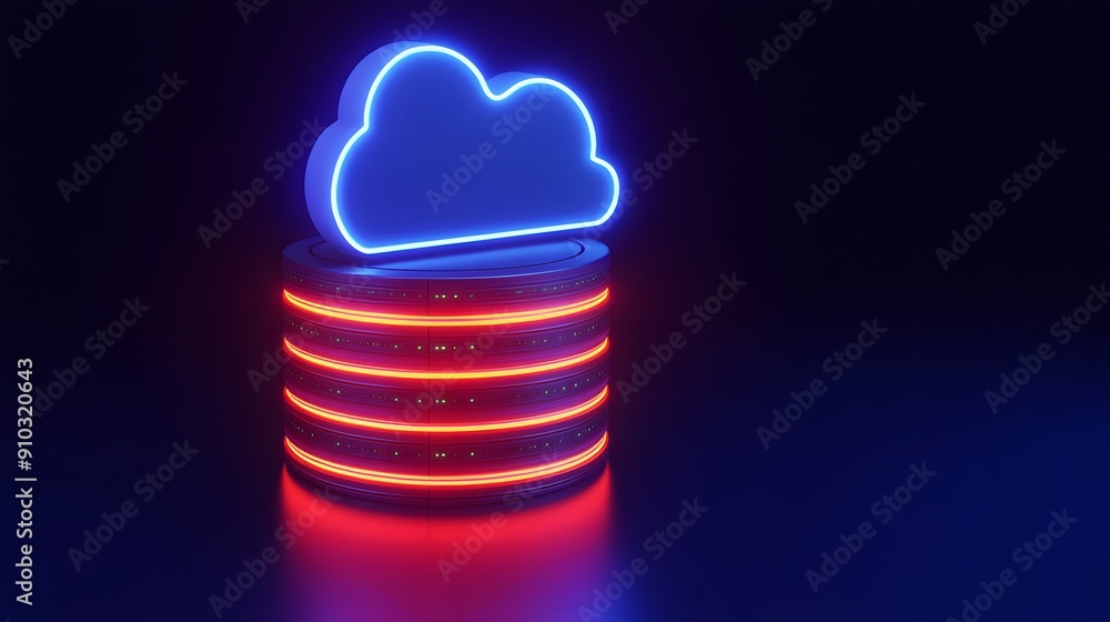 Poster neon hologram of a cloud over server stacks in a dark setting, representing cloud storage, server ma