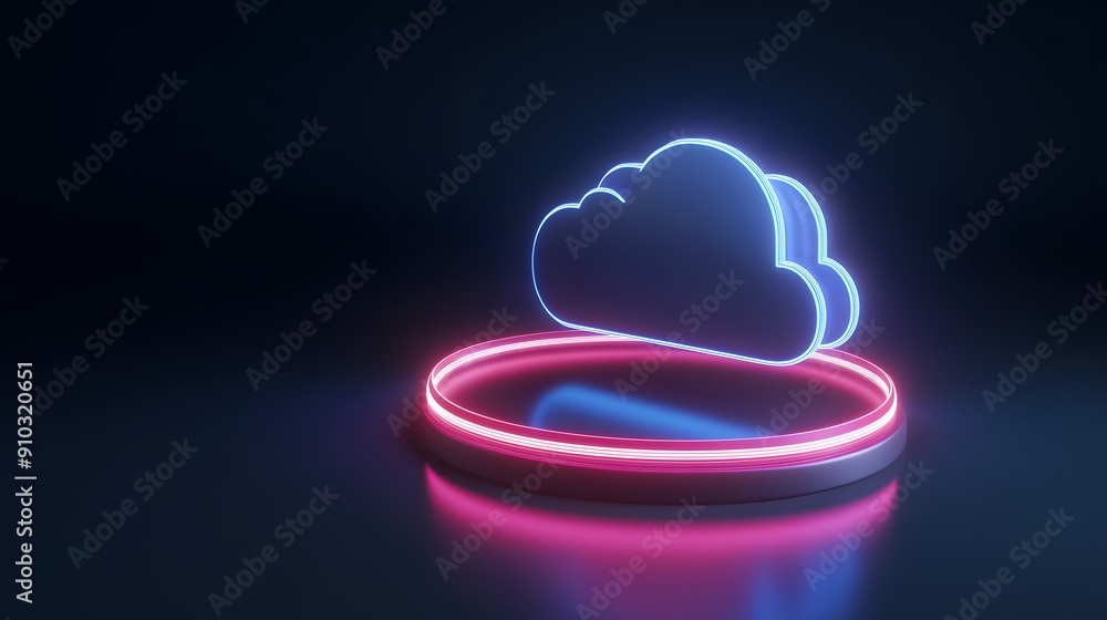 Poster neon illuminated cloud symbol in dark background, representing digital technology, cloud computing, 