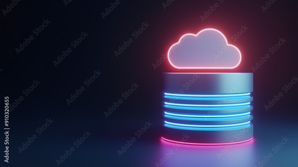 Poster neon illuminated cloud symbol over a glowing database. conceptual image for cloud computing, data st