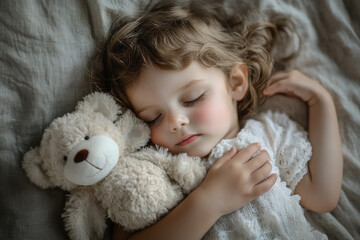 A Peaceful Slumber: A Child Embracing Comfort in the Arms of a Plush Friend