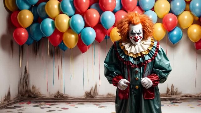 Halloween party horror. A creepy evil clown with a colorful balloons in the room, staring at the observer you, against a white background. Portrait scary clown in halloween holiday. Generative AI