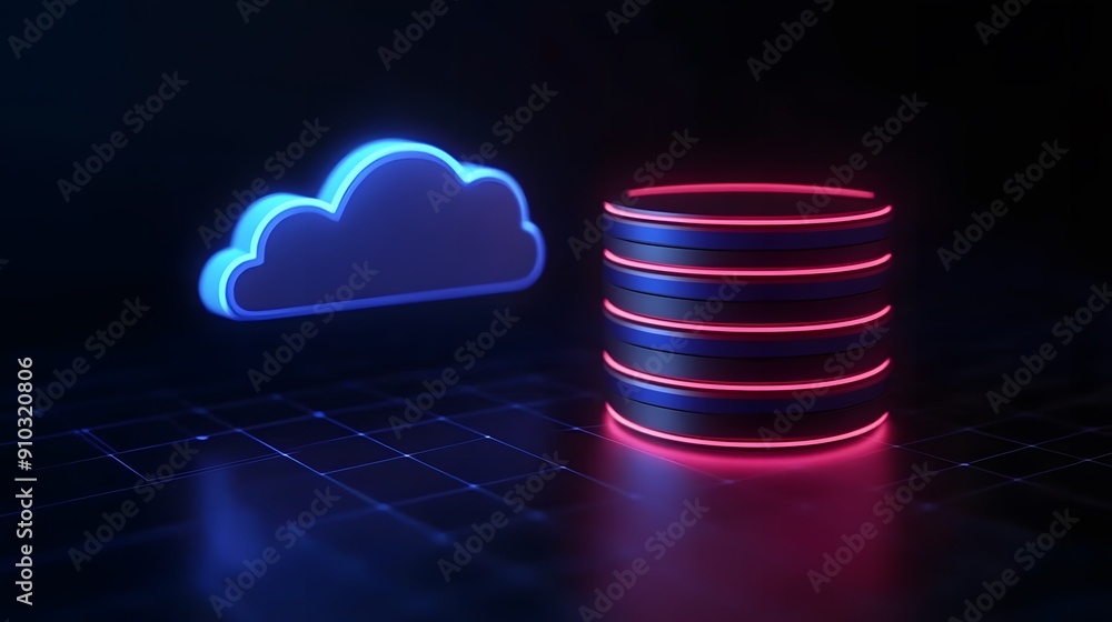 Poster neon lights depicting cloud storage and database server, symbolizing modern data technology and clou