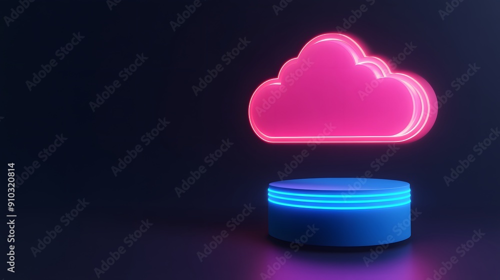 Poster neon pink cloud floating above a blue platform with dark background, symbolizing modern data storage