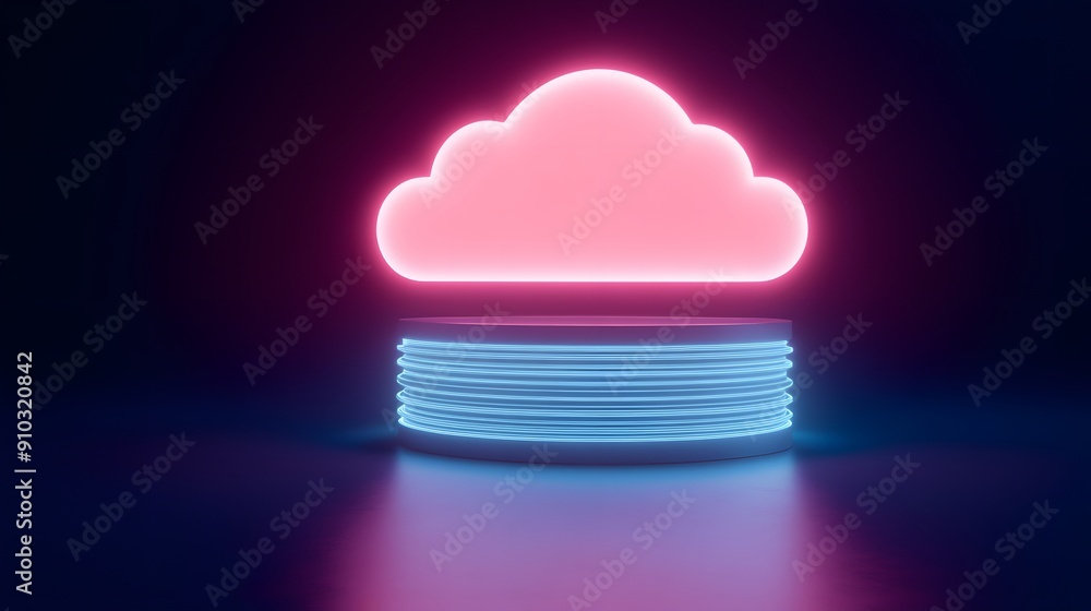 Poster neon pink cloud icon over stacked disks on dark background symbolizing cloud computing and data stor
