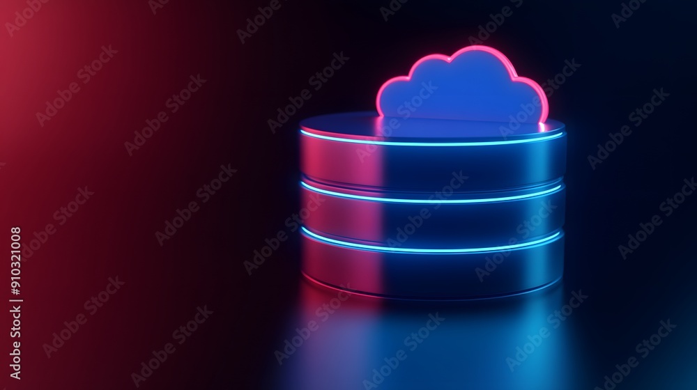 Poster neon-lit cloud computing and data storage concept with vibrant blue and red lighting, perfect for hi