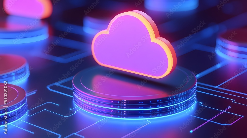 Aufkleber neon-lit cloud computing icon on a futuristic circuit board, representing modern technology and data