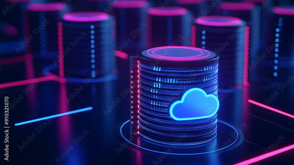 Poster neon-lit cloud data storage and server concept with futuristic design, representing modern technolog