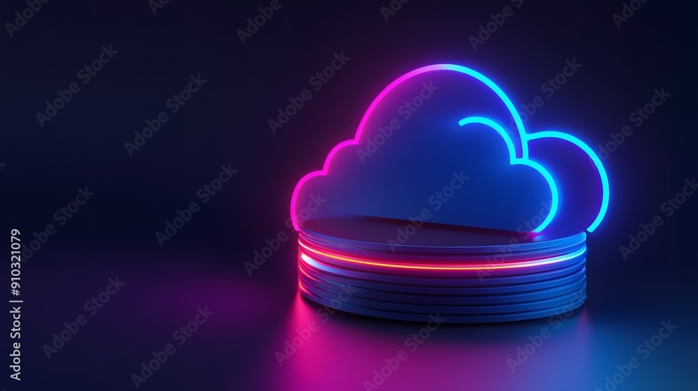 Poster neon-lit cloud icon representing cloud computing and data storage, set against a dark, moody backgro