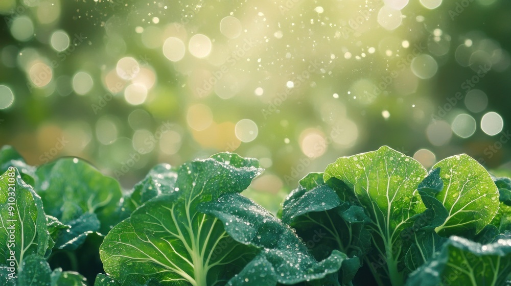 Canvas Prints Fresh green leaves with dew drops and bokeh background.